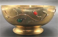 Vintage Heavy Brass Bowl with Glass Pieces