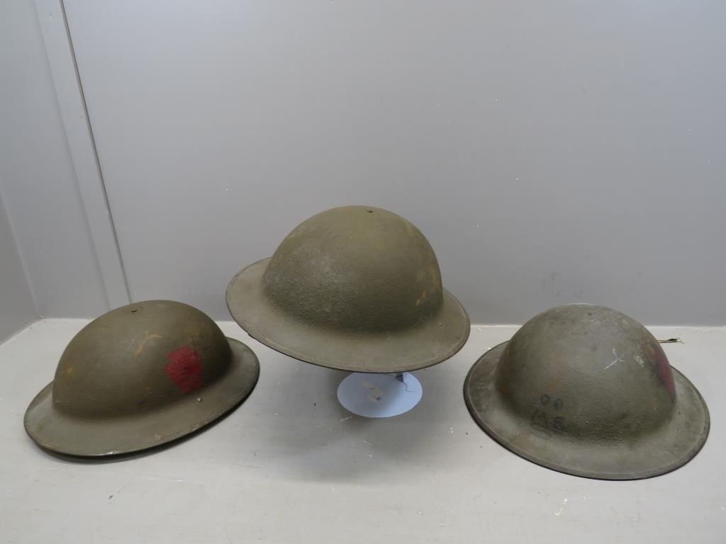 (3) WWI US Doughboy Helmets – two with red