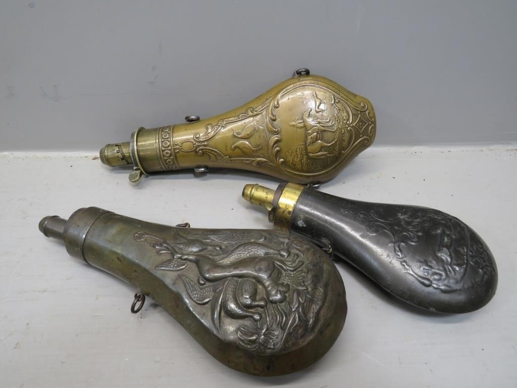 (3) Vintage Embossed Powder Flasks – G. & J.W.