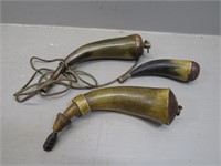 (3) Vintage Powder Horns – two with carved