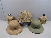 (2) WWII Era USMC Pith Helmets, M1 Steel Helmet