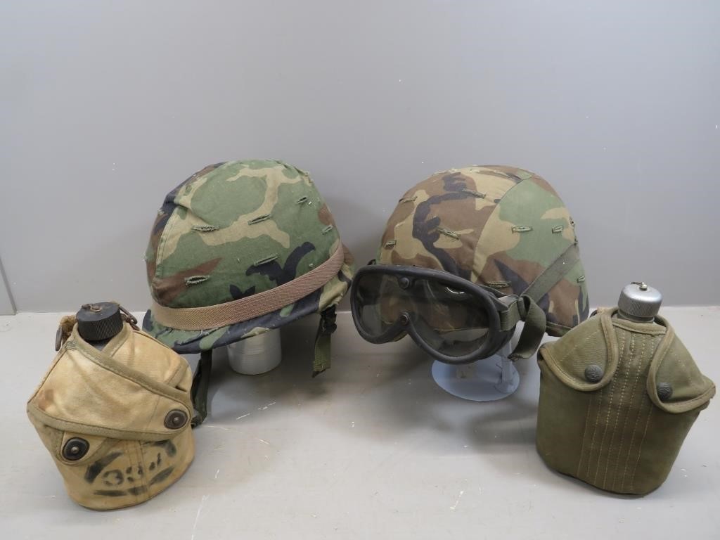 (2) USMC Military Helmets and Canteens – vintage