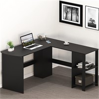 SHW L-Shaped Office Wood Desk  Black Shelves