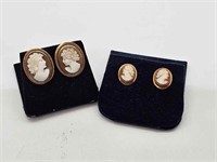 2 Pair of 14k Gold Cameo Earrings