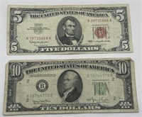 (KC) 2 Vintage 1963 Red $5 & 1950 $10 United