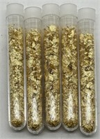 (KC) 5 Glass Vials of Gold Flakes  (3.5" long)