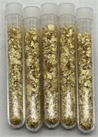 (KK) 5 Glass Vials of Gold Flakes  (3.5"  long)