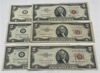 (F) 6 Two Dollar Bills 1953 Red 1963 Red 1976