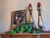 WALL ART, MANTLE DECOR AND 2 CANDLE HOLDERS D