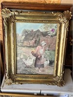 Vintage Woman w/Geese in Gilded Frame