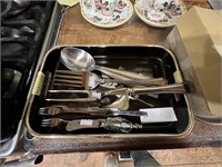 TRAY WITH SERVING SPOONS, FORK, MEAT FORK,