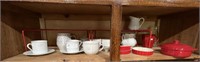 LOT OF MISC. CUPS, SAUCERS, CREAMERS AND RED