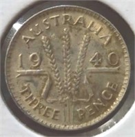 Silver 1940 Australia 3 pence coin