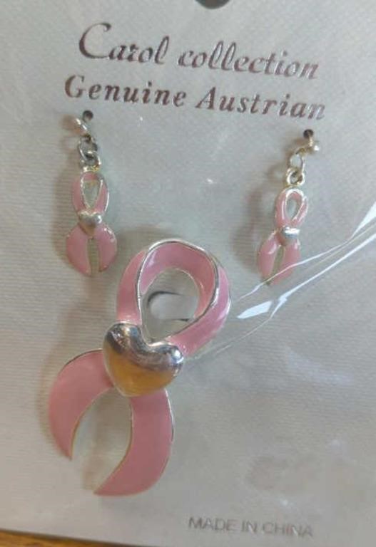 Breast cancer awareness pin and earring set
