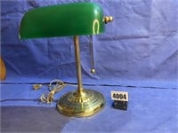 Brass Bankers Lamb w/Green Glass Shade, 14"T