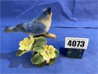 Blue Bird Figurine w/Flowers, 6"T