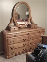 9 drawer oak dresser w/ oval mirror & glove boxes