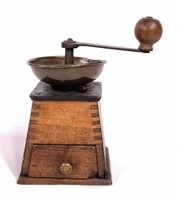 Coffee mill, brass top, tapered sides & drawer,