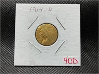 1914 D $2.50 INDIAN HEAD QUARTER EAGLE GOLD COIN