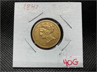 1847 $5 LIBERTY HEAD HALF EAGLE GOLD COIN