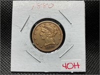 1880 $5 LIBERTY HEAD HALF EAGLE GOLD COIN