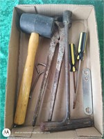 Rubber hammer, screwdrivers, antique tools