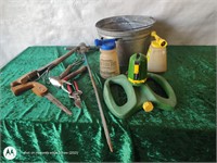 Garden lot, sprinklers, metal bucket+ tools