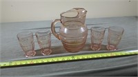PINK DEPRESSION GLASS PITCHER AND GLASSES