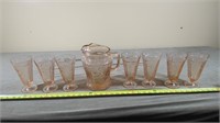 PINK DEPRESSION GLASS PITCHER AND GLASSES