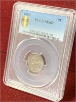1890 US SILVER SEATED DIME PCGS MS62 GOLD SHIELD