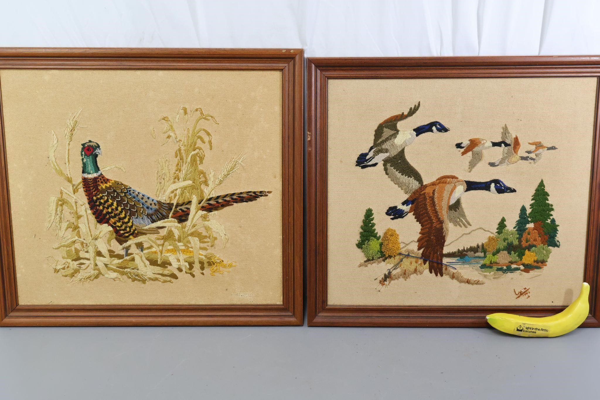 Pair Embroidered Ducks, Pheasant Wall Hangings