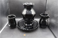 4 Vtg. Black Glass Vases & Centerpiece