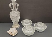 Beautiful Cut Glass Decanter, Bowls and Seashell