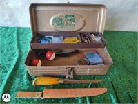 Harold Ensley knife, metal tackle box, tools lures