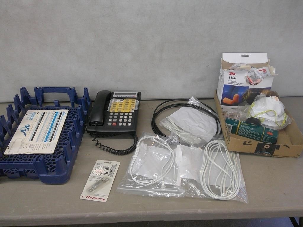 blue tray, phone, cords, parts, misc
