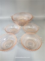 Pink Depression Glass Fruit Bowl & 5 Nappies