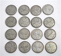 SIXTEEN 25 CENT CANADIAN SILVER COINS