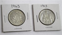 TWO 1963 CANADIAN FIFTY CENT SILVER COINS
