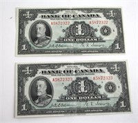 TWO 1935 BANK OF CANADA ONE DOLLAR NOTES