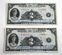 TWO 1935 BANK OF CANADA TWO DOLLAR NOTES