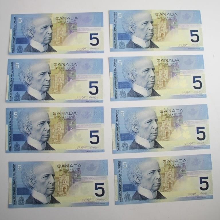 EIGHT CANADIAN FIVE DOLLAR BILLS SEQUENTIAL