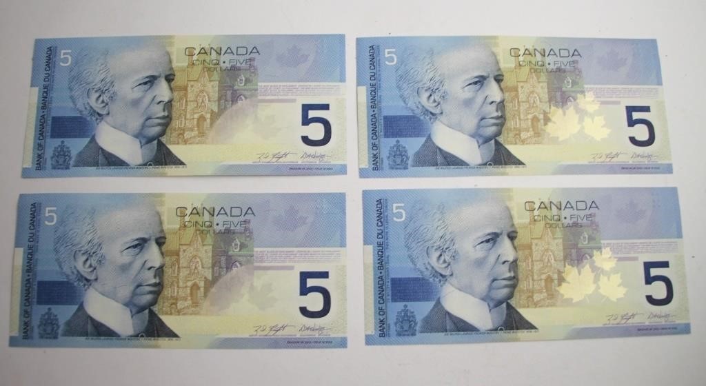 FOUR CANADIAN FIVE DOLLAR BILLS SEQUENTIAL