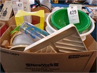 Box w/ misc. tupperware, strainers