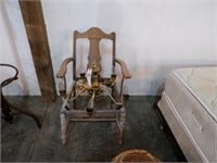 Wooden chair frame, chandelier