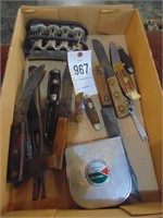 FLAT OF COIN CHANGER, KNIVES, TAPE MEASURE