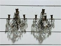 Pair of Brass & Crystal Candle Wall Sconces