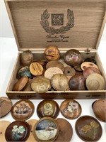 CIGAR BOX OF WOODEN BUTTONS AND PIN PIECES