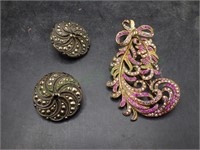VTG Pink Feather Brooch & Marcasite Earrings