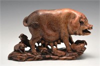 Chinese Hardstone Pig Mother with Piglets Carving.
