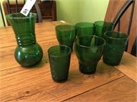 Vintage Green Tumblers & Vase (7 Pcs)